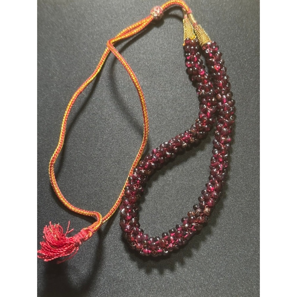 Vintage Multi Strand Garnet Bead Rope Necklace Adjustable Tassel Cord Burgundy